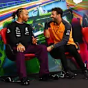 MONZA, ITALY - SEPTEMBER 08: Lewis Hamilton of Great Britain and Mercedes and Daniel Ricciardo of Australia and McLaren attend the drivers press conference  during previews ahead of the F1 Grand Prix of Italy at Autodromo Nazionale Monza on September 08, 2022 in Monza, Italy. (Photo by Dan Mullan/Getty Images)