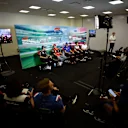 MEXICO CITY, MEXICO - OCTOBER 27: (L-R) Sergio Perez of Mexico and Oracle Red Bull Racing, Charles Leclerc of Monaco and Ferrari, Mick Schumacher of Germany and Haas F1, Zhou Guanyu of China and Alfa Romeo F1 and Fernando Alonso of Spain and Alpine F1 attend the Drivers Press Conference  during previews ahead of the F1 Grand Prix of Mexico at Autodromo Hermanos Rodriguez on October 27, 2022 in Mexico City, Mexico. (Photo by Jared C. Tilton/Getty Images)