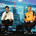MIAMI, FLORIDA - MAY 07: Mercedes GP Executive Director Toto Wolff and McLaren Chief Executive Officer Zak Brown talk in the Team Principals Press Conference prior to final practice ahead of the F1 Grand Prix of Miami at the Miami International Autodrome on May 07, 2022 in Miami, Florida. (Photo by Clive Mason/Getty Images)