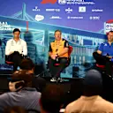 MIAMI, FLORIDA - MAY 07: (L-R) Mercedes GP Executive Director Toto Wolff, McLaren Chief Executive Officer Zak Brown and Laurent Rossi, CEO of Alpine F1 attend the Team Principals Press Conference prior to final practice ahead of the F1 Grand Prix of Miami at the Miami International Autodrome on May 07, 2022 in Miami, Florida. (Photo by Clive Mason/Getty Images)