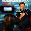 MIAMI, FLORIDA - MAY 07: Red Bull Racing Team Principal Christian Horner talks in the Team Principals Press Conference prior to final practice ahead of the F1 Grand Prix of Miami at the Miami International Autodrome on May 07, 2022 in Miami, Florida. (Photo by Clive Mason/Getty Images)