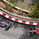 MONTE-CARLO, MONACO - MAY 29: Max Verstappen of the Netherlands driving the (1) Oracle Red Bull Racing RB18 leads Charles Leclerc of Monaco driving the (16) Ferrari F1-75 during the F1 Grand Prix of Monaco at Circuit de Monaco on May 29, 2022 in Monte-Carlo, Monaco. (Photo by Clive Mason - Formula 1/Formula 1 via Getty Images)