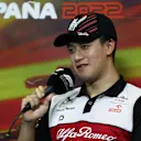 BARCELONA, SPAIN - MAY 20: Zhou Guanyu of China and Alfa Romeo F1 talks in the Drivers Press Conference prior to practice ahead of the F1 Grand Prix of Spain at Circuit de Barcelona-Catalunya on May 20, 2022 in Barcelona, Spain. (Photo by Bryn Lennon/Getty Images)