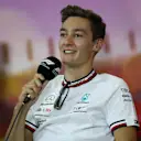 BARCELONA, SPAIN - MAY 20: George Russell of Great Britain and Mercedes talks in the Drivers Press Conference prior to practice ahead of the F1 Grand Prix of Spain at Circuit de Barcelona-Catalunya on May 20, 2022 in Barcelona, Spain. (Photo by Bryn Lennon/Getty Images)