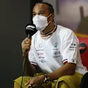 BARCELONA, SPAIN - MAY 20: Lewis Hamilton of Great Britain and Mercedes talks in the Drivers Press Conference prior to practice ahead of the F1 Grand Prix of Spain at Circuit de Barcelona-Catalunya on May 20, 2022 in Barcelona, Spain. (Photo by Bryn Lennon/Getty Images)