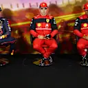 BARCELONA, SPAIN - MAY 21: Pole position qualifier Charles Leclerc of Monaco and Ferrari (C), Second placed qualifier Max Verstappen of the Netherlands and Oracle Red Bull Racing (L) and Third placed qualifier Carlos Sainz of Spain and Ferrari (R) talk in the press conference after qualifying ahead of the F1 Grand Prix of Spain at Circuit de Barcelona-Catalunya on May 21, 2022 in Barcelona, Spain. (Photo by Dan Istitene - Formula 1/Formula 1 via Getty Images)