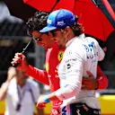 BARCELONA, SPAIN - MAY 22: Carlos Sainz of Spain and Ferrari and Fernando Alonso of Spain and Alpine F1 hug on the grid during the F1 Grand Prix of Spain at Circuit de Barcelona-Catalunya on May 22, 2022 in Barcelona, Spain. (Photo by Dan Istitene - Formula 1/Formula 1 via Getty Images)