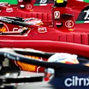 AUSTIN, TEXAS - OCTOBER 22: Pole position qualifier Carlos Sainz of Spain and Ferrari stops in parc ferme during qualifying ahead of the F1 Grand Prix of USA at Circuit of The Americas on October 22, 2022 in Austin, Texas. (Photo by Mark Thompson/Getty Images )
