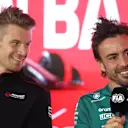 BAHRAIN, BAHRAIN - MARCH 02: Fernando Alonso of Spain and Aston Martin F1 Team and Nico Hulkenberg of Germany and Haas F1 look on in the Drivers Press Conference during previews ahead of the F1 Grand Prix of Bahrain at Bahrain International Circuit on March 02, 2023 in Bahrain, Bahrain. (Photo by Lars Baron/Getty Images)