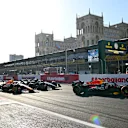 BAKU, AZERBAIJAN - APRIL 29: Sergio Perez of Mexico driving the (11) Oracle Red Bull Racing RB19 leads Max Verstappen of the Netherlands driving the (1) Oracle Red Bull Racing RB19 and George Russell of Great Britain driving the (63) Mercedes AMG Petronas F1 Team W14 on track during the Sprint ahead of the F1 Grand Prix of Azerbaijan at Baku City Circuit on April 29, 2023 in Baku, Azerbaijan. (Photo by Dan Mullan - Formula 1/Formula 1 via Getty Images)