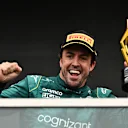 MONTREAL, QUEBEC - JUNE 18: Second placed Fernando Alonso of Spain and Aston Martin F1 Team celebrates on the podium during the F1 Grand Prix of Canada at Circuit Gilles Villeneuve on June 18, 2023 in Montreal, Quebec. (Photo by Minas Panagiotakis/Getty Images)