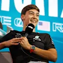 MIAMI, FLORIDA - MAY 04: George Russell of Great Britain and Mercedes looks on in the Drivers Press Conference during previews ahead of the F1 Grand Prix of Miami at Miami International Autodrome on May 04, 2023 in Miami, Florida. (Photo by Jared C. Tilton/Getty Images)