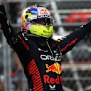 JEDDAH, SAUDI ARABIA - MARCH 19: Race winner Sergio Perez of Mexico and Oracle Red Bull Racing celebrates in parc ferme during the F1 Grand Prix of Saudi Arabia at Jeddah Corniche Circuit on March 19, 2023 in Jeddah, Saudi Arabia. (Photo by Lars Baron/Getty Images)