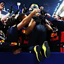 JEDDAH, SAUDI ARABIA - MARCH 19: Race winner Sergio Perez of Mexico and Oracle Red Bull Racing celebrates in parc ferme during the F1 Grand Prix of Saudi Arabia at Jeddah Corniche Circuit on March 19, 2023 in Jeddah, Saudi Arabia. (Photo by Mark Thompson/Getty Images)