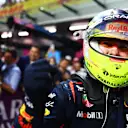 JEDDAH, SAUDI ARABIA - MARCH 19: Race winner Sergio Perez of Mexico and Oracle Red Bull Racing celebrates in parc ferme during the F1 Grand Prix of Saudi Arabia at Jeddah Corniche Circuit on March 19, 2023 in Jeddah, Saudi Arabia. (Photo by Mark Thompson/Getty Images)