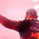 JEDDAH, SAUDI ARABIA - MARCH 19: Second placed Max Verstappen of the Netherlands and Oracle Red Bull Racing celebrates on the podium during the F1 Grand Prix of Saudi Arabia at Jeddah Corniche Circuit on March 19, 2023 in Jeddah, Saudi Arabia. (Photo by Dan Istitene - Formula 1/Formula 1 via Getty Images)