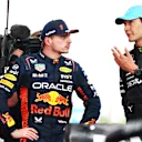 BARCELONA, SPAIN - JUNE 04: Race Winner Max Verstappen of the Netherlands and Oracle Red Bull Racing talks with Third placed George Russell of Great Britain driving the (63) Mercedes AMG Petronas F1 Team W14 in parc ferme during the F1 Grand Prix of Spain at Circuit de Barcelona-Catalunya on June 04, 2023 in Barcelona, Spain. (Photo by Mark Thompson/Getty Images)