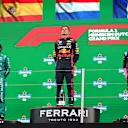 ZANDVOORT, NETHERLANDS - AUGUST 27: Race winner Max Verstappen of the Netherlands and Oracle Red Bull Racing, Second placed Fernando Alonso of Spain and Aston Martin F1 Team, Third placed Pierre Gasly of France and Alpine F1 and Edward Aveling, Chief Designer at Red Bull Racing celebrate on the podium during the F1 Grand Prix of The Netherlands at Circuit Zandvoort on August 27, 2023 in Zandvoort, Netherlands. (Photo by Peter Fox/Getty Images)