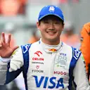 SAO PAULO, BRAZIL - NOVEMBER 03: Third placed qualifier Yuki Tsunoda of Japan and Visa Cash App RB celebrates in parc ferme during qualifying ahead of the F1 Grand Prix of Brazil at Autodromo Jose Carlos Pace on November 03, 2024 in Sao Paulo, Brazil. (Photo by Rudy Carezzevoli/Getty Images)
