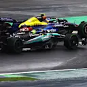 SAO PAULO, BRAZIL - NOVEMBER 03: Lewis Hamilton of Great Britain driving the (44) Mercedes AMG Petronas F1 Team W15 and Franco Colapinto of Argentina driving the (43) Williams FW45 Mercedes battle for position during the F1 Grand Prix of Brazil at Autodromo Jose Carlos Pace on November 03, 2024 in Sao Paulo, Brazil. (Photo by Mark Thompson/Getty Images)