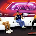 MONZA, ITALY - AUGUST 29: (L-R) Sergio Perez of Mexico and Oracle Red Bull Racing, Alexander Albon of Thailand and Williams, and Lando Norris of Great Britain and McLaren attend the Drivers Press Conference during previews ahead of the F1 Grand Prix of Italy at Autodromo Nazionale Monza on August 29, 2024 in Monza, Italy. (Photo by Clive Rose/Getty Images)