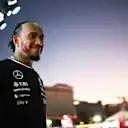 LAS VEGAS, NEVADA - NOVEMBER 21: Lewis Hamilton of Great Britain and Mercedes talks to the crowd on the fan stage prior to practice ahead of the F1 Grand Prix of Las Vegas at Las Vegas Strip Circuit on November 21, 2024 in Las Vegas, Nevada. (Photo by Jared C. Tilton - Formula 1/Formula 1 via Getty Images)