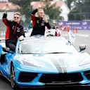MEXICO CITY, MEXICO - OCTOBER 27: Nico Hulkenberg of Germany and Haas F1 and Kevin Magnussen of Denmark and Haas F1 wave to the crowd on the drivers parade prior to the F1 Grand Prix of Mexico at Autodromo Hermanos Rodriguez on October 27, 2024 in Mexico City, Mexico. (Photo by Chris Graythen/Getty Images)