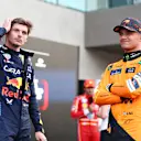 MEXICO CITY, MEXICO - OCTOBER 26: Second placed qualifier Max Verstappen of the Netherlands and Oracle Red Bull Racing talks with Third placed qualifier Lando Norris of Great Britain and McLaren in parc ferme during qualifying ahead of the F1 Grand Prix of Mexico at Autodromo Hermanos Rodriguez on October 26, 2024 in Mexico City, Mexico. (Photo by Bryn Lennon - Formula 1/Formula 1 via Getty Images)