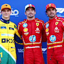 MONTE-CARLO, MONACO - MAY 25: Pole position qualifier Charles Leclerc of Monaco and Ferrari, Second placed qualifier Oscar Piastri of Australia and McLaren and Third placed qualifier Carlos Sainz of Spain and Ferrari celebrate in parc ferme during qualifying ahead of the F1 Grand Prix of Monaco at Circuit de Monaco on May 25, 2024 in Monte-Carlo, Monaco. (Photo by Bryn Lennon - Formula 1/Formula 1 via Getty Images)