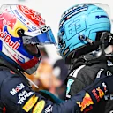 MONTREAL, QUEBEC - JUNE 15: Race winner George Russell of Great Britain and Mercedes AMG Petronas F1 Team and Second placed Max Verstappen of the Netherlands and Oracle Red Bull Racing congratulate each other in parc ferme during the F1 Grand Prix of Canada at Circuit Gilles-Villeneuve on June 15, 2025 in Montreal, Quebec. (Photo by Rudy Carezzevoli/Getty Images)