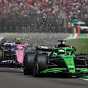 IMOLA, ITALY - MAY 18: Nico Hulkenberg of Germany driving the (27) Kick Sauber C45 Ferrari leads Franco Colapinto of Argentina driving the (43) Alpine F1 A525 Renault and Oliver Bearman of Great Britain driving the (87) Haas F1 VF-25 Ferrari on track during the F1 Grand Prix of Emilia-Romagna at Autodromo Internazionale Enzo e Dino Ferrari on May 18, 2025 in Imola, Italy. (Photo by Rudy Carezzevoli/Getty Images)