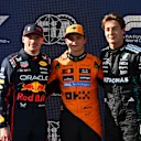 IMOLA, ITALY - MAY 17: Top three qualifiers Pole position qualifier Oscar Piastri of Australia and McLaren Second placed qualifier Max Verstappen of the Netherlands and Oracle Red Bull Racing and Third placed qualifier George Russell of Great Britain and Mercedes AMG Petronas F1 Team during qualifying ahead of the F1 Grand Prix of Emilia-Romagna at Autodromo Internazionale Enzo e Dino Ferrari on May 17, 2025 in Imola, Italy. (Photo by Rudy Carezzevoli/Getty Images)