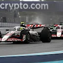 MIAMI, FLORIDA - MAY 03: Oliver Bearman of Great Britain driving the (87) Haas F1 VF-25 Ferrari leads Esteban Ocon of France driving the (31) Haas F1 VF-25 Ferrari on track during the Sprint ahead of the F1 Grand Prix of Miami at Miami International Autodrome on May 03, 2025 in Miami, Florida. (Photo by Mark Sutton - Formula 1/Formula 1 via Getty Images)