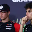 JEDDAH, SAUDI ARABIA - APRIL 17: Oliver Bearman of Great Britain and Haas F1 and Gabriel Bortoleto of Brazil and Stake F1 Team Kick Sauber look on during the Drivers Press Conference during previews ahead of the F1 Grand Prix of Saudi Arabia at Jeddah Corniche Circuit on April 17, 2025 in Jeddah, Saudi Arabia. (Photo by Clive Rose/Getty Images)