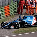 IMOLA, ITALY - APRIL 16: Esteban Ocon of France and Alpine F1 Team inspects his car after stopping on track during practice ahead of the F1 Grand Prix of Emilia Romagna at Autodromo Enzo e Dino Ferrari on April 16, 2021 in Imola, Italy. (Photo by Lars Baron/Getty Images)
