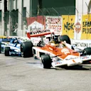 James Hunt's McLaren is launched into the air at the first corner after contact with John Watson's Brabham. United States Grand Prix West, Rd 4, Long Beach, USA, 3 April 1977. © Sutton Images. No reproduction without permission