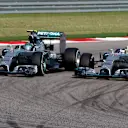 Lewis Hamilton (GBR) Mercedes AMG F1 W05 overtakes Nico Rosberg (GER) Mercedes AMG F1 W05 for the lead. Formula One World Championship, Rd17, United States Grand Prix, Race, Austin, Texas, USA, Sunday, 2 November 2014