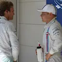 Pole position sitter Nico Rosberg (GER) Mercedes AMG F1 chats to third placed Valtteri Bottas (FIN) Williams Martini Racing in parc ferme. Formula One World Championship, Rd17, United States Grand Prix, Qualifying, Austin, Texas, USA, Saturday, 1 November 2014 