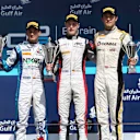 (L to R): Second placed Julian Leal (COL) Carlin, race winner Stoffel Vandoorne (BEL) ART Grand Prix and third placed Jolyon Palmer (GBR) DAMS celebrate on the podium. GP2 Series, Rd1, Bahrain International Circuit, Sakhir, Bahrain, 3-6 April 2014