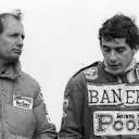 L-R: McLaren boss Ron Dennis (GBR) with Ayrton Senna (BRA) during a McLaren F1 test for F3 drivers. Formula One Testing, Silverstone, England, 25 October 1983.