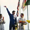 The podium (L to R): Philippe Favre (SUI); Roland Ratzenberger (AUT) Van Diemen, race winner; Peter Rogers (GBR); Brian Jones (GBR) the Brands Hatch commentator. British Formula Ford Festival, Brands Hatch, England, 24-26 October 1986.