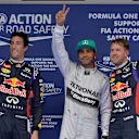 Daniel Ricciardo (AUS) Red Bull Racing, pole sitter Lewis Hamilton (GBR) Mercedes AMG F1 and Sebastian Vettel (GER) Red Bull Racing celebrate in parc ferme. Formula One World Championship, Rd4, Chinese Grand Prix, Qualifying, Shanghai, China, Saturday, 19 April 2014