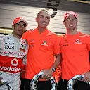 Race winner Jenson Button (GBR) McLaren and 2nd placed Lewis Hamilton (GBR) McLaren celebrate with Martin Whitmarsh (GBR) McLaren Chief Executive Officer Formula One World Championship, Rd 4, Chinese Grand Prix, Race, Shanghai, China, Sunday, 18 April 2010