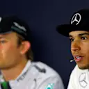(L to R): Second placed Nico Rosberg (GER) Mercedes AMG F1 and race winner Lewis Hamilton (GBR) Mercedes AMG F1 in the post-race Press Conference. Formula One World Championship, Rd5, Spanish Grand Prix, Race, Barcelona, Spain, Sunday, 11 May 2014