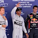 Qualifying photo call and reults: 1st Lewis Hamilton (GBR) Mercedes AMG F1, centre. 2nd Nico Rosberg (GER) Mercedes AMG F1, left. 3rd Daniel Ricciardo (AUS) Red Bull Racing, right. Formula One World Championship, Rd5, Spanish Grand Prix, Qualifying, Barcelona, Spain, Saturday, 10 May 2014