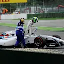 Felipe Massa (BRA) Williams FW36 crashes and rolls at the start of the race. A marshall gives the thumbs up to signal that he's uninjured. Formula One World Championship, Rd10, German Grand Prix, Race Day, Hockenheim, Germany, Sunday, 20 July 2014 © Sutton Images. No reproduction without permission