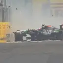 The safety car is out again on lap 23 as Force India's Sergio Perez has a big crash exiting Turn 14; Red Bull's Daniel Ricciardo and Williams' Felipe Massa both elect to pit from the front, handing the lead to Ferrari's Fernando Alonso © FOWC Ltd. No reproduction without permission.