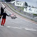Luca di Montezemolo (ITA) Ferrari Team Manager jumps for joy as Niki Lauda (AUT) Ferrari 312B3 crosses the finish line to take his first GP victory. Spanish Grand Prix, Jarama, 28 April 1974 © Sutton Images. No reproduction without permission