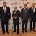 (L to R) Azad Rahimov, Azerbaijan's Minister of Youth and Sport; Formula One group CEO Bernie Ecclestone; Anar Alakbarov, Executive Director of the Heydar Aliyev Foundation and the president of Azerbaijan Automobile Federation; circuit designer Hermann Tilke. Unveiling of the Baku European Grand Prix street circuit at a special press event in Baku, Azerbaijan, October 7, 2014 © Baku Grand Prix