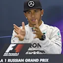 Lewis Hamilton (GBR) Mercedes AMG F1 in the Press Conference. Formula One World Championship, Rd16, Russian Grand Prix, Qualifying, Sochi Autodrom, Sochi, Krasnodar Krai, Russia, Saturday, 11 October 2014